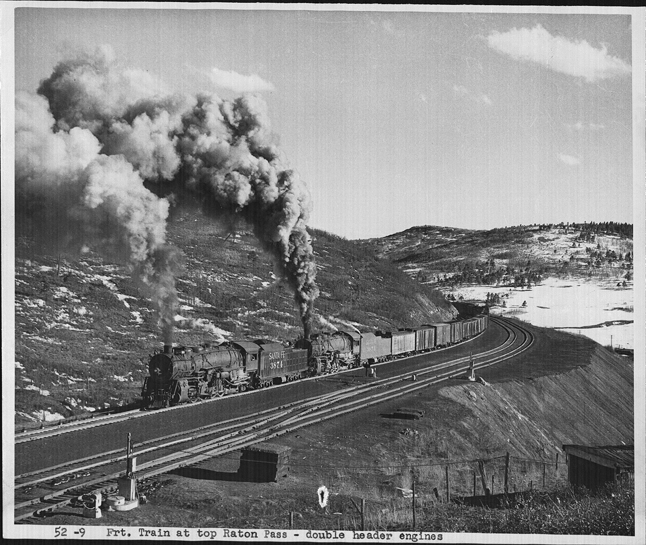 A dual-engine freight train moves at the top of the Raton Pass. Photo: BNSF Railway archives. A dual-engine freight train moves at the top of the Raton Pass. Photo: BNSF Railway archives.