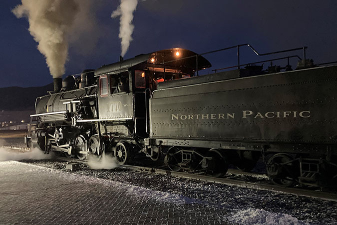 The steam locomotive during evening filming