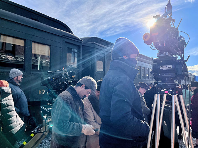 The crew filming outside the Butte depot on a cold November afternoon  