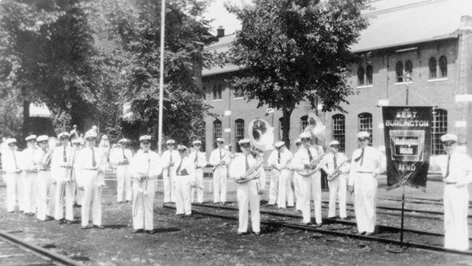 In 1937, the West Burlington Shop Band performed at the destination of CB&Q’s first steam excursion from Chicago. In 1937, the West Burlington Shop Band performed at the destination of CB&Q’s first steam excursion from Chicago.
