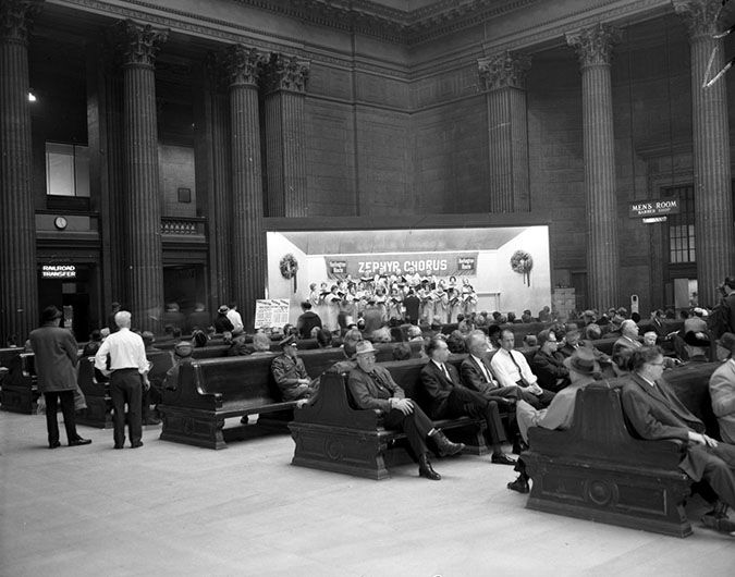 The Zephyr women’s chorus performing at the Chicago Union Station in 1964 The Zephyr women’s chorus performing at the Chicago Union Station in 1964