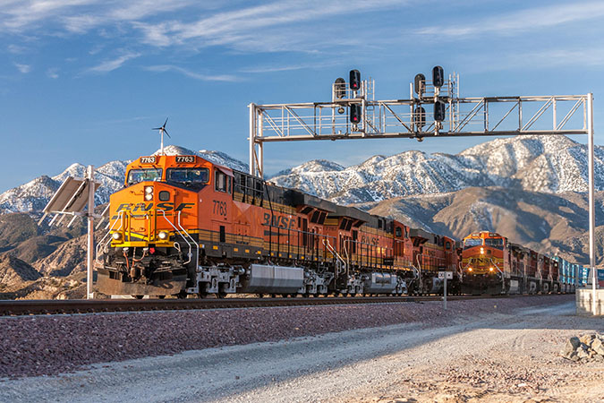 Two intermodal trains near Cajon Pass in California Two intermodal trains near Cajon Pass in California