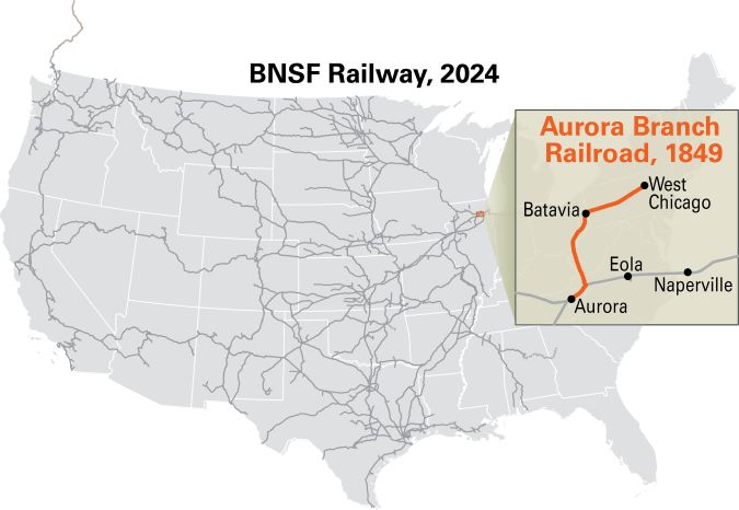 The current BNSF network compared to the original Aurora Branch The current BNSF network compared to the original Aurora Branch