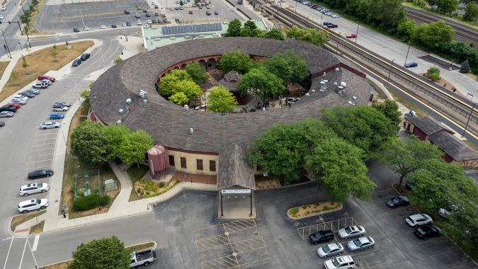 An aerial view of the roundhouse and the Two Brothers restaurant today An aerial view of the roundhouse and the Two Brothers restaurant today