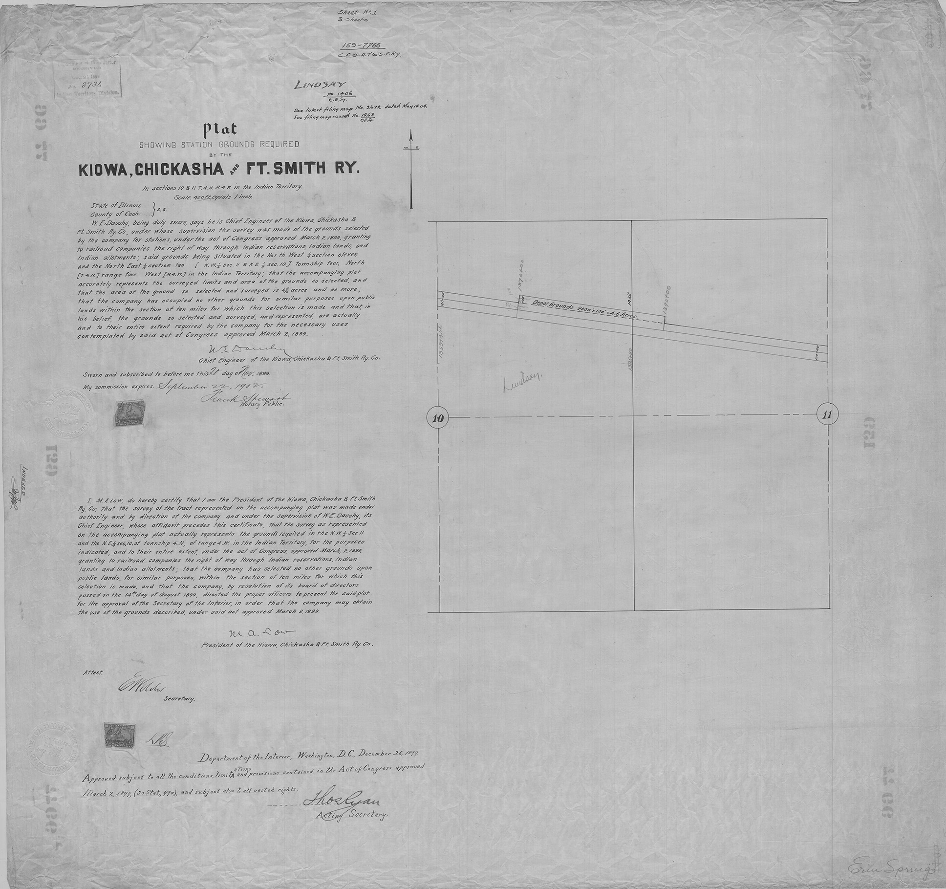 A filing map showing land claimed under an act of Congress in March 1899 and the plat for a train station in Cook County, Ill. A plat map shows the divisions of a piece of land by streets and blocks. A filing map showing land claimed under an act of Congress in March 1899 and the plat for a train station in Cook County, Ill. A plat map shows the divisions of a piece of land by streets and blocks.