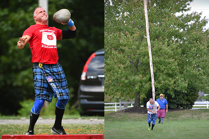Left, Tedd launches a stone putt. Right, he participates in the caber toss, where competitors toss a 20-foot-long caber (a large log) as far as possible. Left, Tedd launches a stone putt. Right, he participates in the caber toss, where competitors toss a 20-foot-long caber (a large log) as far as possible.
