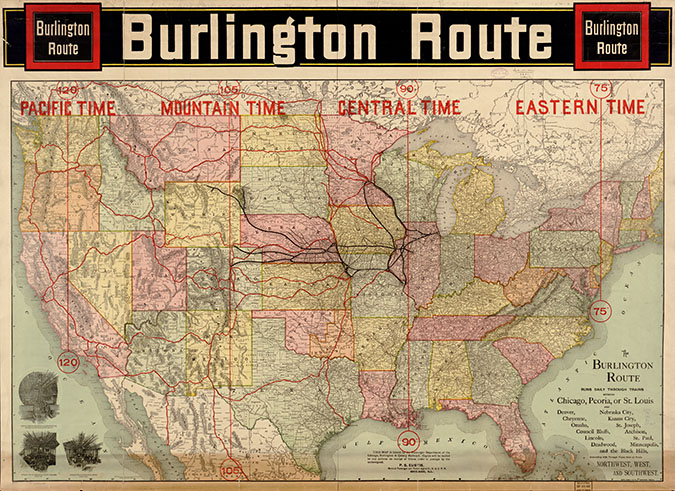 Burlington Route system map circa 1892. Burlington lines are black; connecting railroads are red. Burlington Route system map circa 1892. Burlington lines are black; connecting railroads are red.
