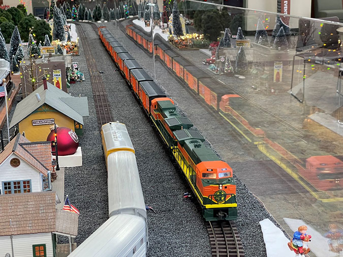 WC Trains display with BNSF train pulling 10 box cars WC Trains display with BNSF train pulling 10 box cars