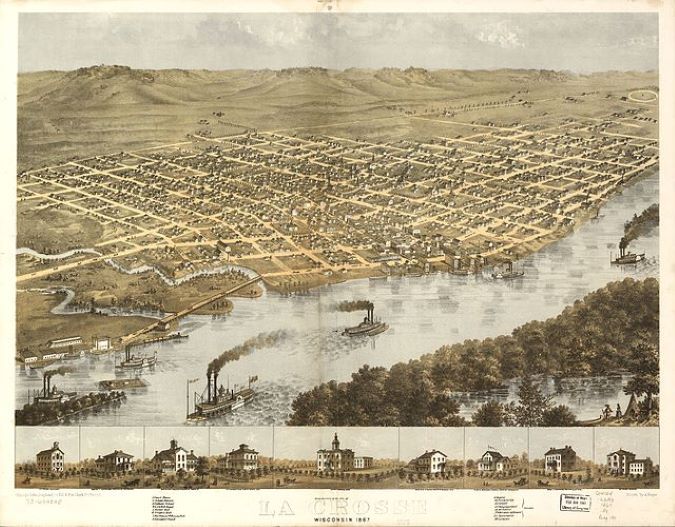 Panoramic illustration of La Crosse in 1867. Panoramic illustration of La Crosse in 1867.