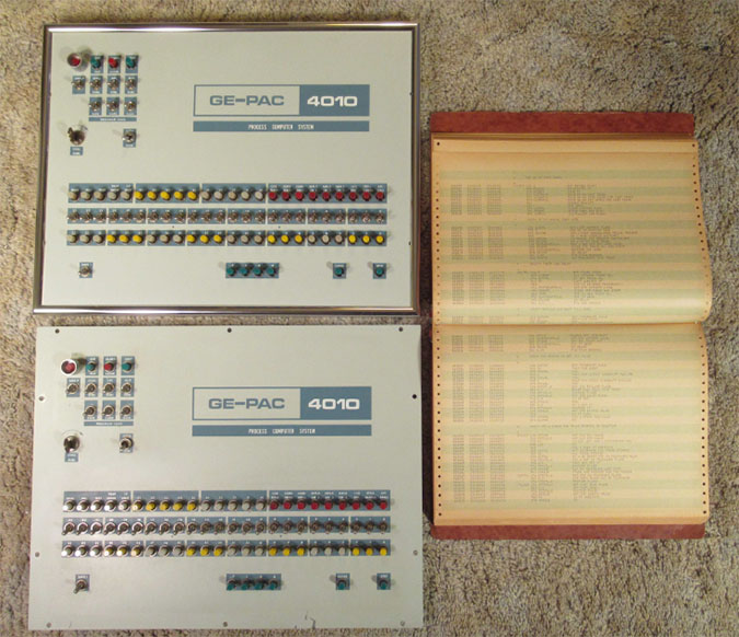 “Alice” and “Bonnie” yard control computers, which were installed in the fall 1974. At right is a binder with listing of all the retarder control and related software, all written in the GE-PAC assembler language. “Alice” and “Bonnie” yard control computers, which were installed in the fall 1974. At right is a binder with listing of all the retarder control and related software, all written in the GE-PAC assembler language.