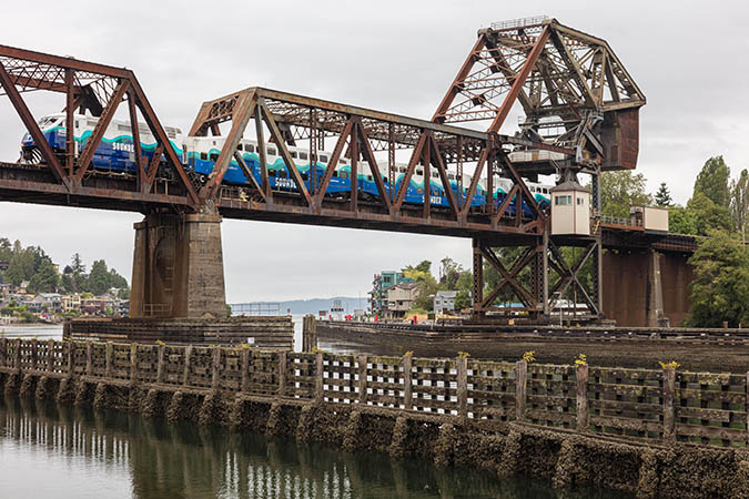 A Sounder train crosses BNSF’s Lake Washington Ship Canal bridge in Seattle. A Sounder train crosses BNSF’s Lake Washington Ship Canal bridge in Seattle.
