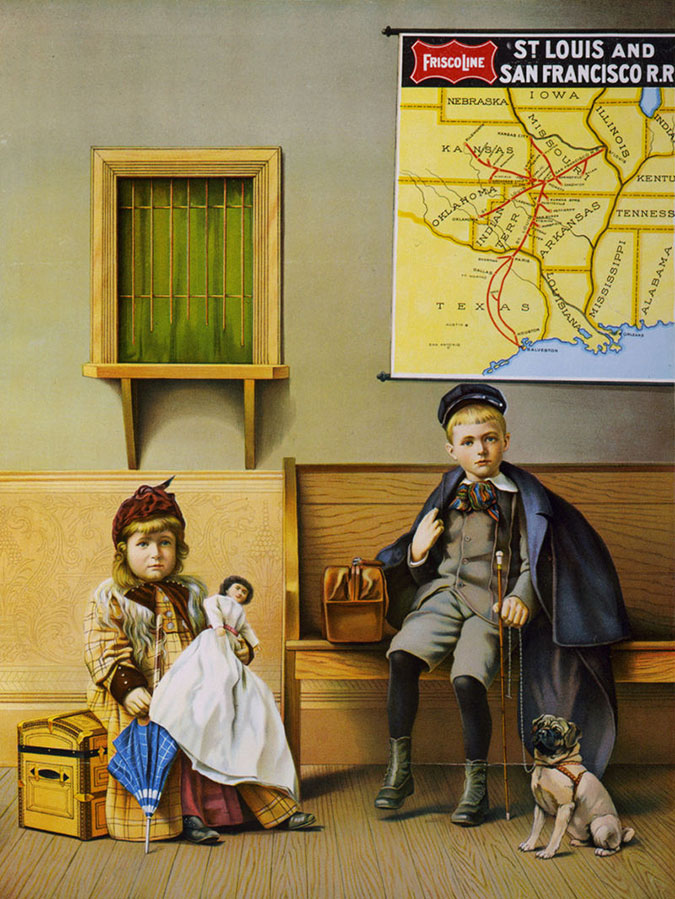 1898 poster showing a boy and a girl in a Frisco waiting room 1898 poster showing a boy and a girl in a Frisco waiting room