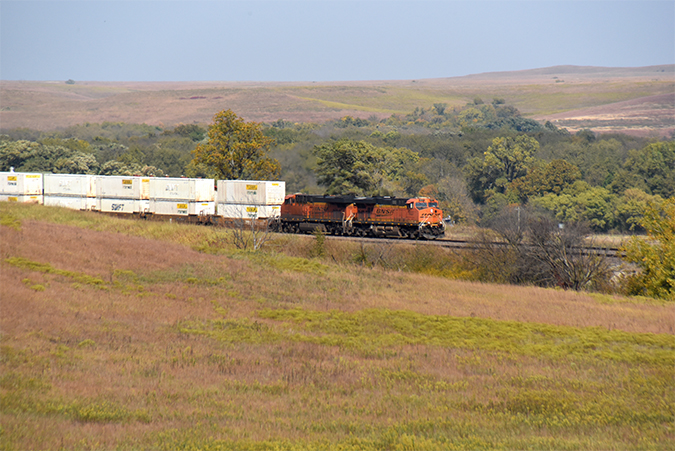 A BNSF intermodal train rolls through the Flint Hills near Hornbeck’s route. A BNSF intermodal train rolls through the Flint Hills near Hornbeck’s route.