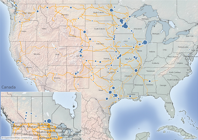 A map of where first responders have logged in from to hear BNSF’s webinars. A map of where first responders have logged in from to hear BNSF’s webinars.