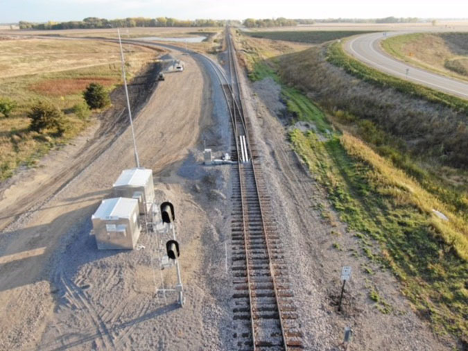 At the southern end of the bypass, the new track can be seen curving away from the pre-existing track that continues toward BNSF’s rail yard in Willmar. At the southern end of the bypass, the new track can be seen curving away from the pre-existing track that continues toward BNSF’s rail yard in Willmar.